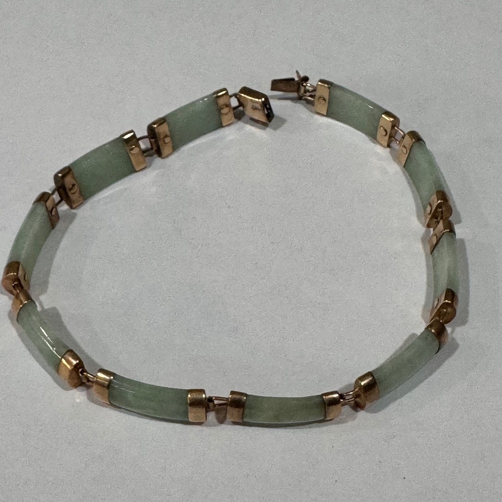 Vintage 14k Gold Jade Link Bracelet Womens Green Jadeite Hinged Bar Jewelry